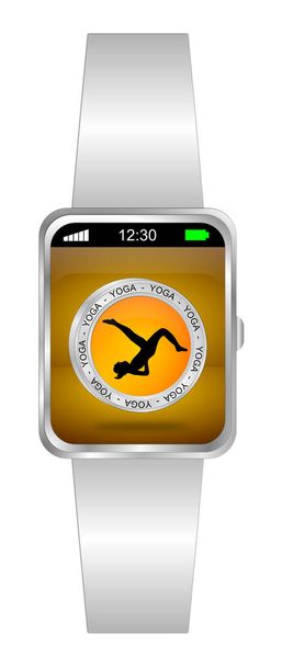 Smartwatch mit Yoga-Taste orange auf orangefarbenem Display - 3D-Illustration - Foto, Bild