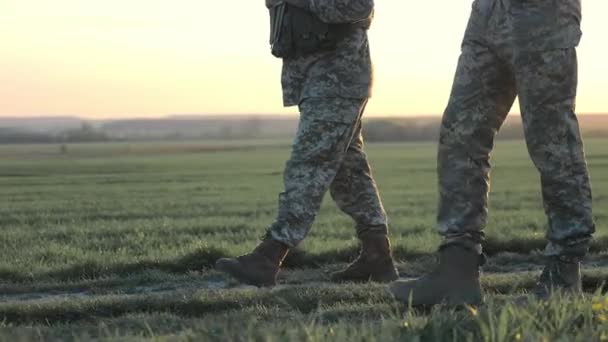 Ukraińscy żołnierze maszerują o wschodzie słońca, Dwóch żołnierzy w kamuflażu maszeruje przez pole o świcie - Materiał filmowy, wideo