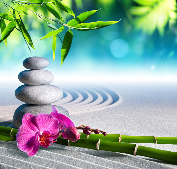 Zand, orchid en massage stenen in zen-tuin - Foto, afbeelding
