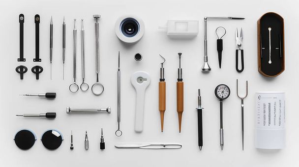 Różne narzędzia medyczne i dentystyczne starannie ułożone na białej powierzchni. - Zdjęcie, obraz