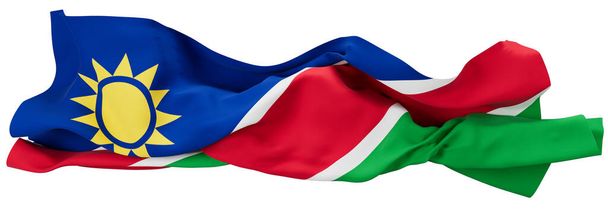 Намібійський прапор збільшується велично, його сині, червоні, зелені відтінки, і символ сонця викликає свободу і різноманітність. - Фото, зображення