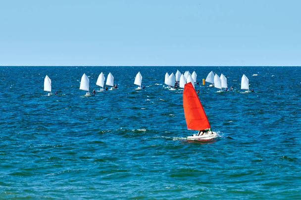 Mavi deniz yelkenli yelkenli yelkenli yarışı, yat kulübü katılımcıları arasında denizcilik sporu müsabakası, yat yarışı hobisi. - Fotoğraf, Görsel
