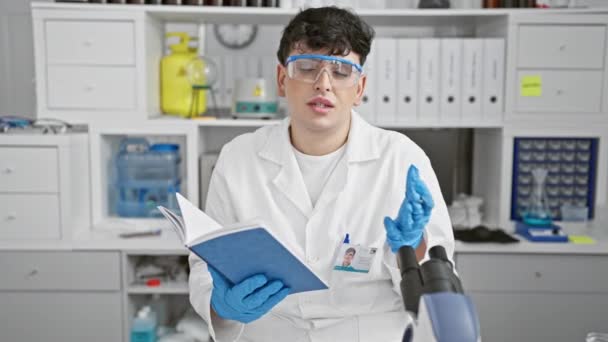 Egy fiatal férfi laboratóriumi szemüveget és kesztyűt visel, feljegyzéseket készít laboratóriumi körülmények között, tudományos felszereléssel körülvéve.. - Felvétel, videó