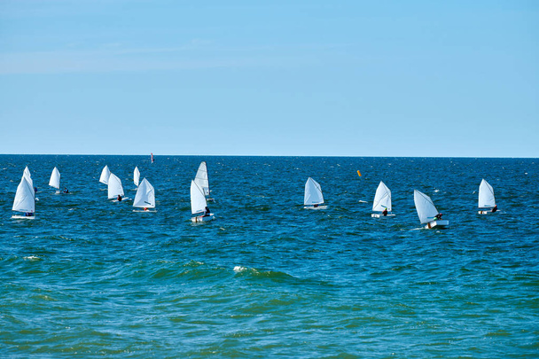 Blauwe zee zeilen regatta, nautisch spektakel sport zeilwedstrijd onder jachtclub deelnemers symboliseren geest van maritieme zeilen uitdaging, jacht racen hobby - Foto, afbeelding