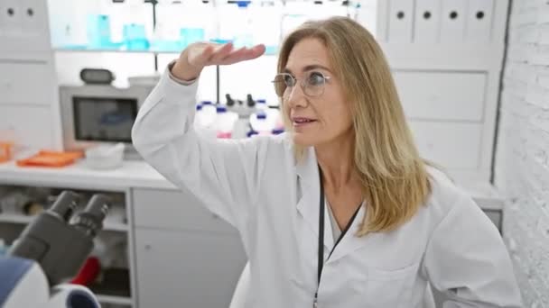 Mutlu, orta yaşlı, sarışın bilim adamı kadın, kendinden emin bir şekilde laboratuvarda oturuyor, gülümseyerek uzaklara bakıyor, eli başının üstünde, hevesle arıyor. - Video, Çekim