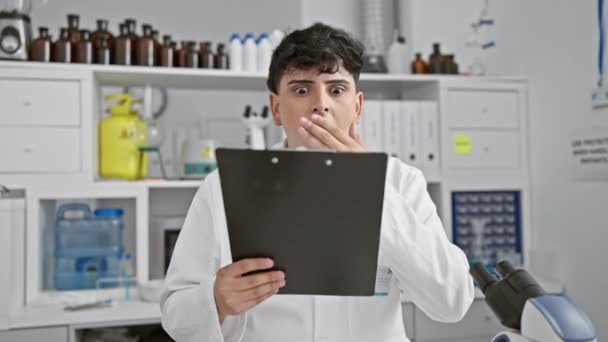 Schockierter junger Wissenschaftler im Labor, ein stiller Ausdruck von Angst und Überraschung bedeckt sein Gesicht, Hand dämpft Mund nach riesigem Snafu - Filmmaterial, Video