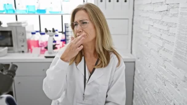 ¡Horror de laboratorio apestoso! mujer rubia de mediana edad científico sentado en el asco, sosteniendo la nariz contra el mal olor intolerable en el interior. - Imágenes, Vídeo
