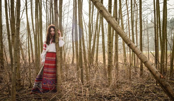 young woman in Slavic Belarusian national original suit outdoors - Фото, изображение
