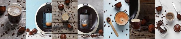 Kolaż filiżanek kawy ze strąkami i ekspresem do kawy - Zdjęcie, obraz