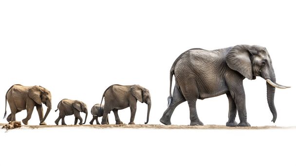 Линия слонов, идущих в порядке размера, изолированные на белом фоне. - Фото, изображение