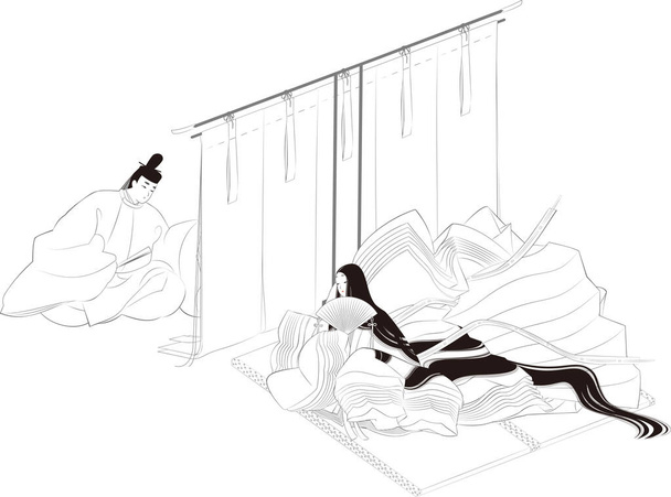 Rysunek linii "Heian" styl dynastii. Ilustracja mężczyzny i kobiety z "Kich". Mężczyzna w japońskim stroju ludowym "Noushi" i kobieta w "Junihito"" - Wektor, obraz