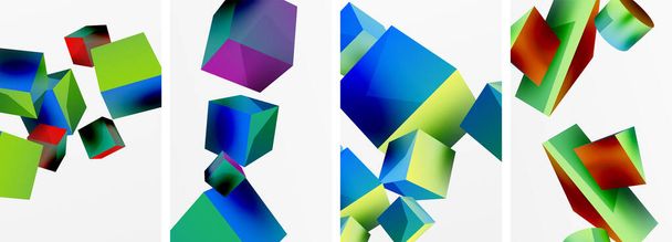 A geometric art piece featuring a collage of azure, aqua, electric blue, and trianglecolored cubes on a white background, showcasing symmetry and patterns - Vector, Image