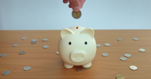 Movement hand with coin towards piggy bank is process accumulating finances. Each coin is contribution to financial stability and economic. Piggy bank is filled improving person financial situation - Footage, Video