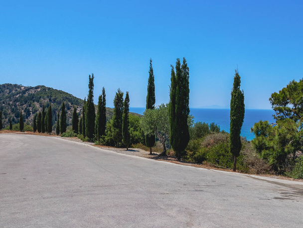 Prachtig panoramisch uitzicht op een rechte asfaltweg in een naaldbos op de berg Filerimos met uitzicht op de Egeïsche Zee in Griekenland op een zonnige zomerdag, zijaanzicht van dichtbij. - Foto, afbeelding