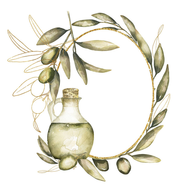 Grinalda de azeitona aquarela com clipart de coroa de azeitonas verde garrafa de óleo. Isolado ilustração botânica desenhada à mão. Pode ser usado para cartões, emblema, logotipos e design de alimentos. - Foto, Imagem