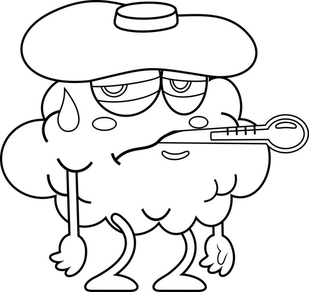 Προβλεπόμενη Sick Brain Cartoon Χαρακτήρας με θερμόμετρο. Εικονογράφηση διανυσματικού χεριού που απομονώνεται σε διαφανές φόντο - Διάνυσμα, εικόνα