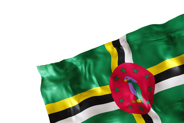 Realistische Flagge von Dominica mit Falten, isoliert auf weißem Hintergrund. Fußzeile, Eckgestaltungselement. Rausschneiden. Perfekt für patriotische Themen oder nationale Veranstaltungen. Leer, Kopierraum. 3D-Renderer - Foto, Bild