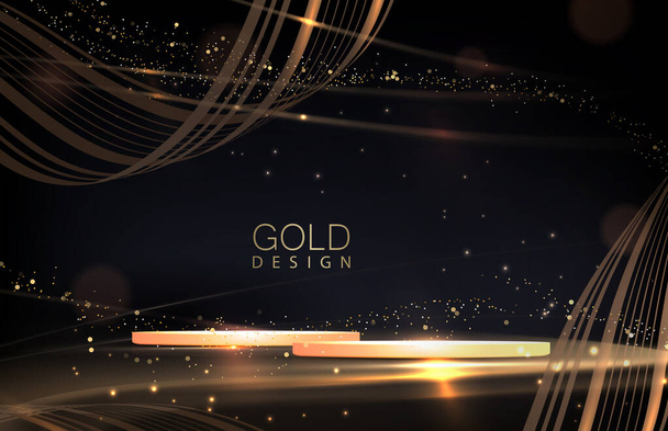 Illustration with a bright golden podium and shiny sparkling ribbons. - Vector, Image