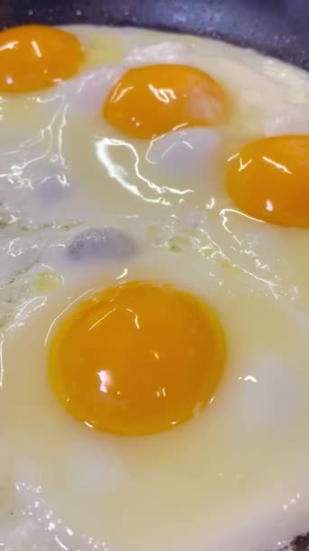 яйця, яйця, смажені, жирні, олія, сковорідка, кухня, смажені, кухарі, білки, смачні, жовті, білі, яєчня - Кадри, відео