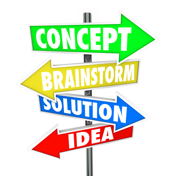 Έννοια, καταιγισμό ιδεών, λύση και ιδέα λέξεις στις πινακίδες βέλος - Φωτογραφία, εικόνα