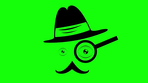 ビデオアニメーション 黒いアイコンの調査官か私立探偵,帽子,湿気,拡大ガラスおよび点滅する目と. 緑色のクロマの背景に - 映像、動画