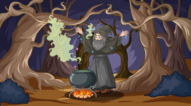 A wizard brews a potion in a forest at night. - Vector, Image