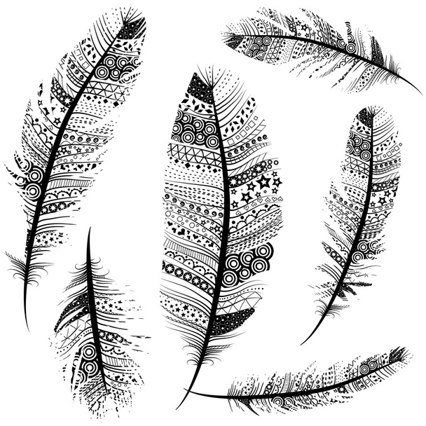 Seamless Feather Pattern Vintage Tribal Feathers set - Vector, Image