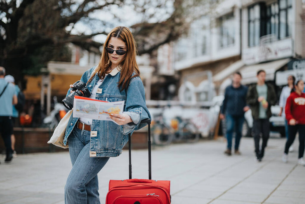 Μοντέρνα νεαρή γυναίκα σε denim με γυαλιά ηλίου κρατώντας ένα χάρτη και κάμερα, στέκεται δίπλα στη βαλίτσα της σε ένα ταξίδι στην πόλη. - Φωτογραφία, εικόνα