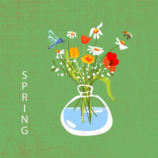 Vase de fleurs sauvages avec fond texturé vert-eau. Marguerites d'abeilles libellules marguerites de tulipes. Texture de bannière carrée affiche printemps. Illustration vectorielle plate - Vecteur, image