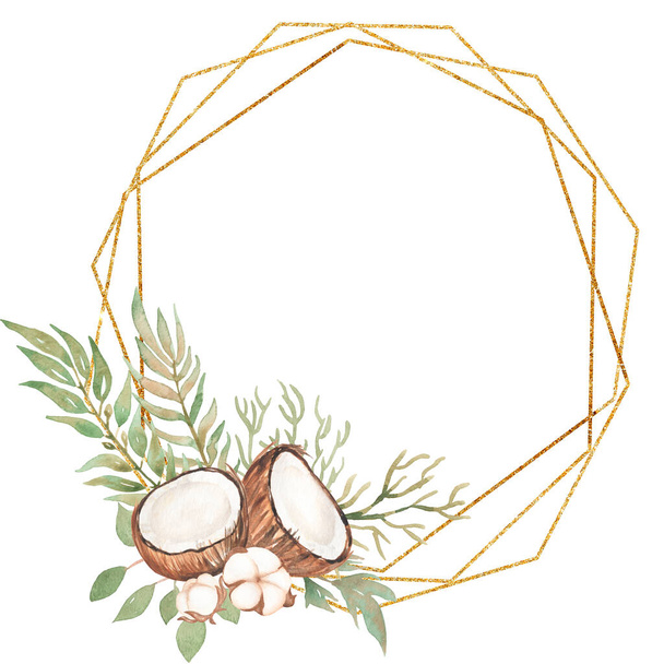 Watercolor Coconut Clipart, Greenery Wreath illustration, Cotton, Coconut border, Floral Bouquet, Golden Frame, Tropical florals wreath, Wedding Invites, Logo - Photo, Image