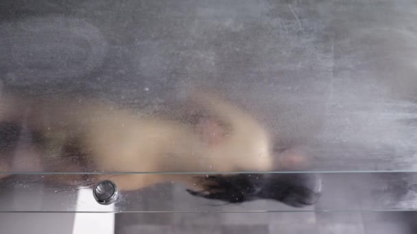 Vídeo vertical de una joven mujer desnuda con el pelo largo y oscuro tomando una ducha en la cabina de ducha - Metraje, vídeo