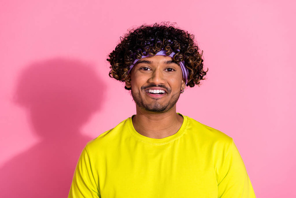 Photo of funny cheerful nice man wear stylish yellow clothes isolated on pink color background. - Fotografie, Obrázek