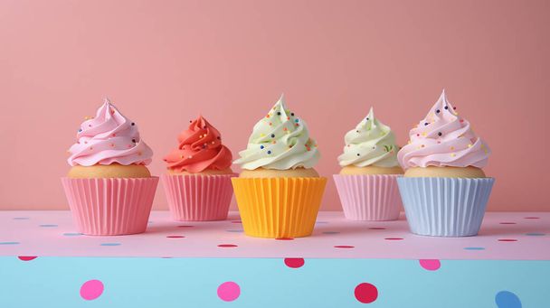 Coloridos cupcakes con crema batida y espolvoreos, presentados sobre una superficie de lunares sobre un fondo rosa. - Foto, Imagen