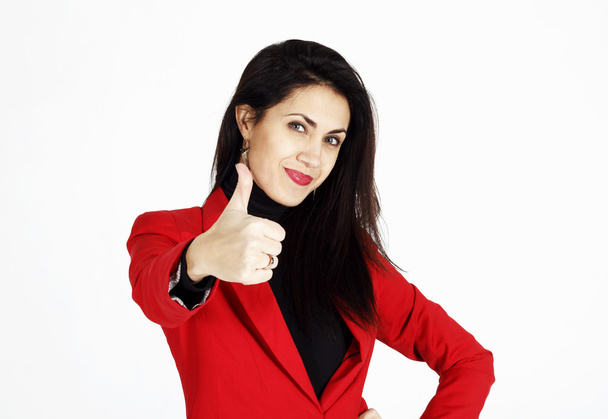 Portrait of young beautiful business woman showing showing hand  - Photo, Image