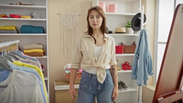 A young, stylish woman with a tattoo poses confidently in a modern walk-in closet, surrounded by shelves of colorful clothes and accessories. - Footage, Video