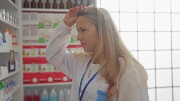Een blonde vrouw apotheker onderzoekt medische producten op een apotheek plank binnen. - Video
