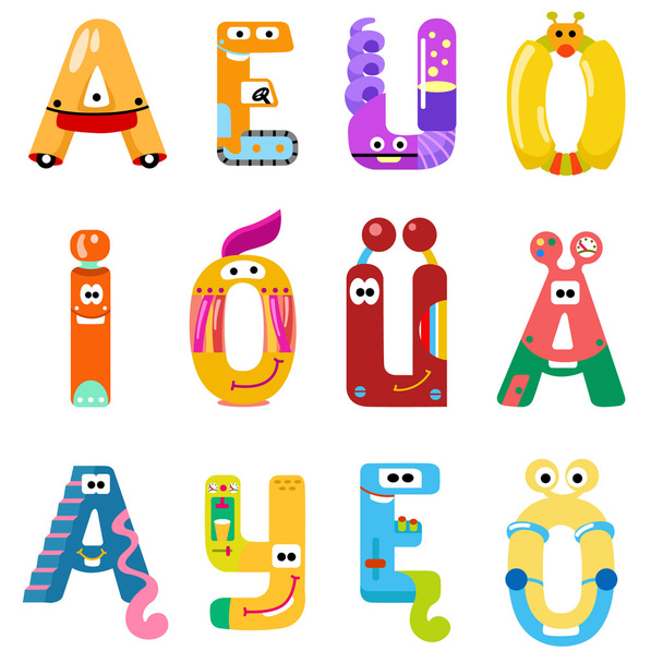 Vowels of the Latin alphabet like different robots - Vector, Image
