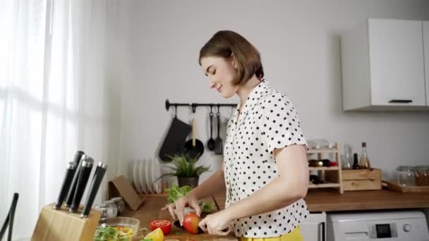 Energinen äiti tekee salaattia aamiaiseksi nykyaikaisessa keittiössä pilkkomalla vihanneksia, joita ympäröi keittiöesineet. Fiksu naistaloudenhoitaja ruoanlaitto ja ruoanlaitto. Terveellistä elämäntapaa. Pedagogiikka. - Materiaali, video