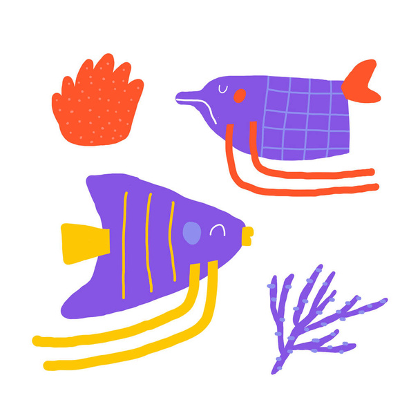 Cartão postal subaquático bonito com mão engraçada desenhado doodle peixe, coral, erva daninha do mar, planta do mar, peixe anjo. Mar, fundo do oceano tampa do recife, modelo, banner, cartaz, impressão. Desenhos animados estilo de fundo para crianças - Vetor, Imagem
