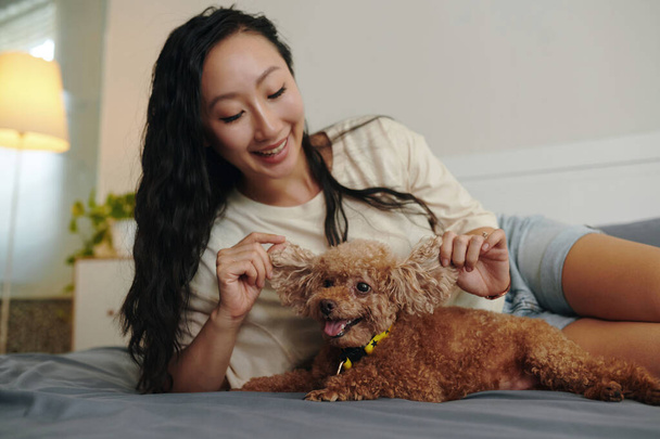 小さな犬の耳で遊ぶ陽気な中国の若い女性 - 写真・画像