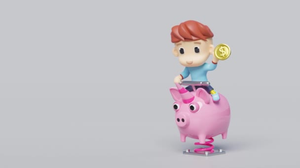 Piggy Bank plac zabaw wiosna rider z chłopcem, złote monety dolara odizolowane na szarym tle. Ilustracja 3D renderowania, kanał alfa - Materiał filmowy, wideo