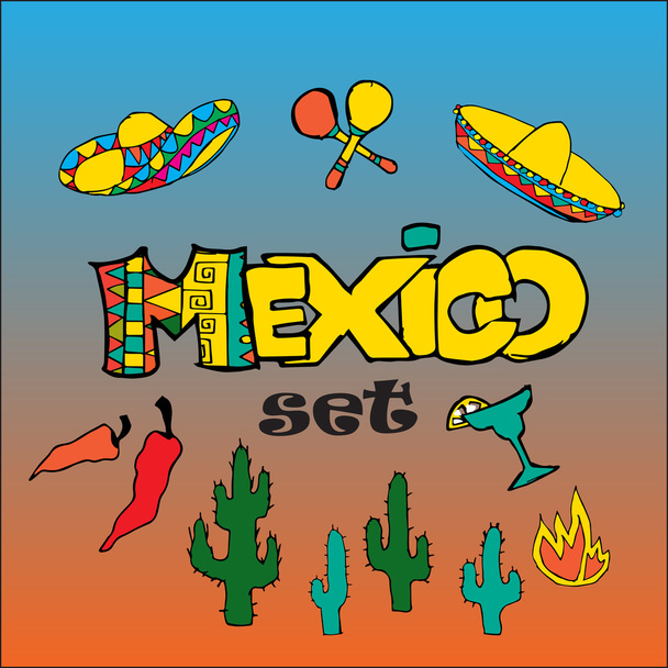 Kreslené kaktusy, klobouky, chilli, maracas - Vektor, obrázek