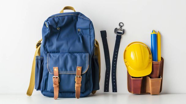 Синій рюкзак, жовтий будівельний шолом та шкіряний ремінь з олівцями на білій стіні. - Фото, зображення