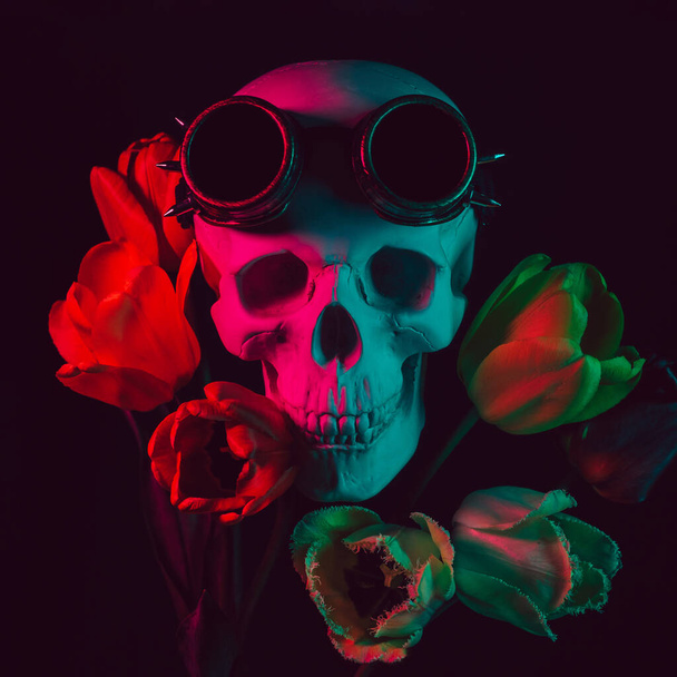 lidská lebka ve steampunku brýle v tulipánu květiny s barevným neonovým světlem na tmavém pozadí - Fotografie, Obrázek