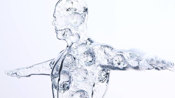 водний баланс тіла, вода в людині, гідратація, ефірні масляні бульбашки для косметики у воді. сині рідкі бульбашки, зволожуючий крем, сироватка, вітамін, концепція краси, людина наповнена водою, 3d рендеринг - Фото, зображення