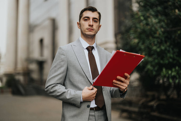 Хорошо одетый бизнесмен в костюме стоит, держа планшет, передавая чувство авторитета и профессионализма. - Фото, изображение
