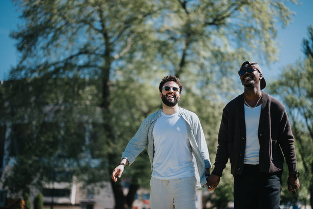 A joyful moment captured as a young, multiracial gay couple smiles and holds hands while walking in a park, radiating happiness and love. - Photo, Image