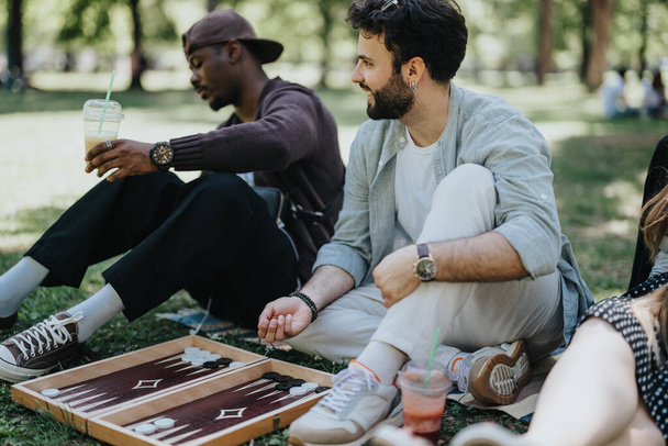 Gruppo di amici multirazziali si riunisce in un parco in una giornata di sole, esprimendo gioia mentre si impegna in un gioco giocoso di backgammon. - Foto, immagini