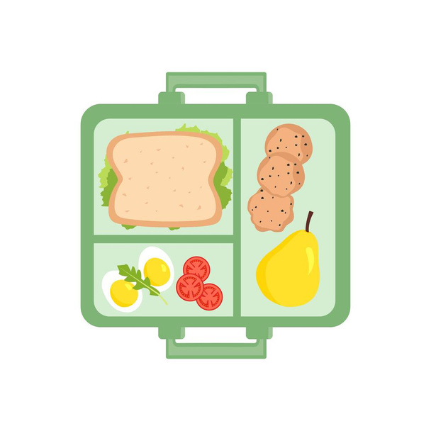 Школьный ланч. Контейнер с бутербродом, бананом, вареными яйцами, печеньем. Векторная иллюстрация в плоском стиле, изолированная на белом фоне - Вектор,изображение