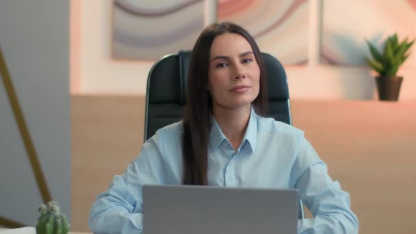 Smiling Caucasian happy joyful businesswoman girl lady looking at camera cheerful smile business woman millennial employer executive leader boss at corporate office workplace female portrait indoors - Footage, Video
